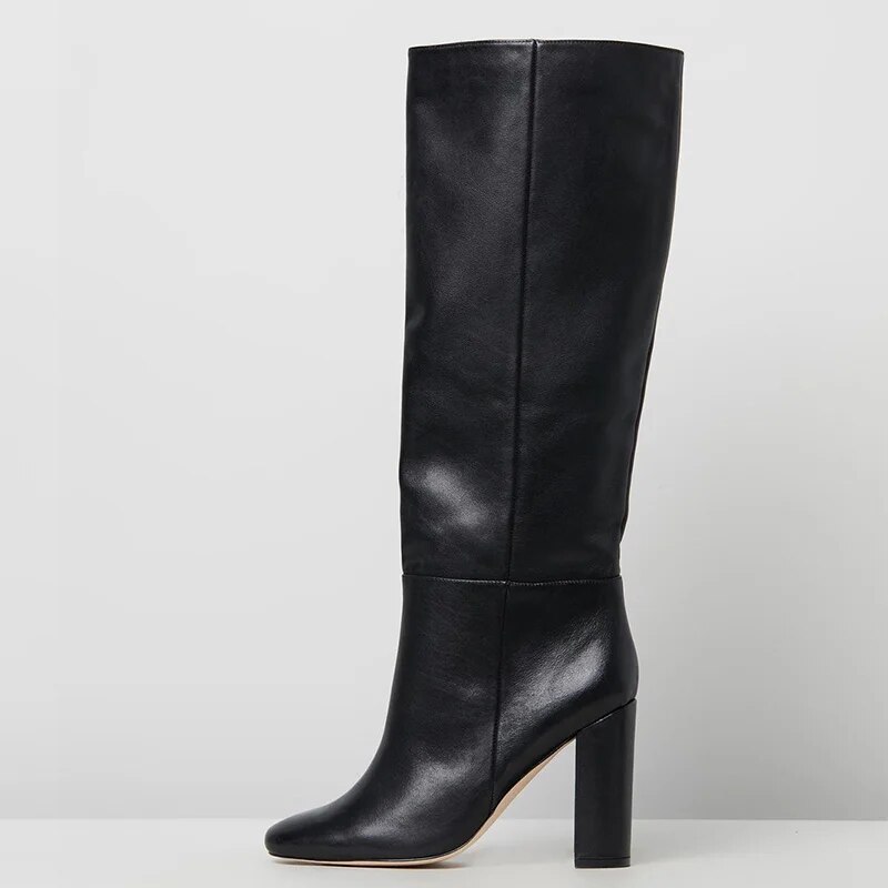 TAAFO Black Knee High Boots Chunky Heel Round Toe Shoes For Ladies Botas