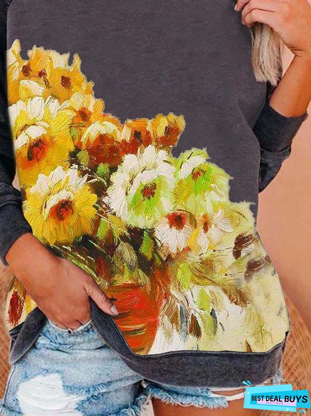 Floral  Long Sleeve  Printed Cotton-blend  Crew Neck Casual  Winter  Black Tunic Top