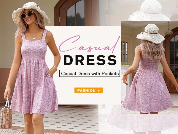 Women's Summer Dress Floral Square Neck Sleeveless Casual Dress with Pockets A-line Swing Mini Dresses Sundress