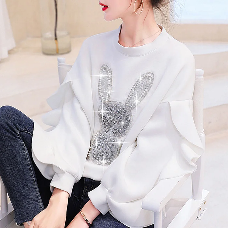 Round Collar Beads Rabbit Sweatshirt - Modakawa Modakawa