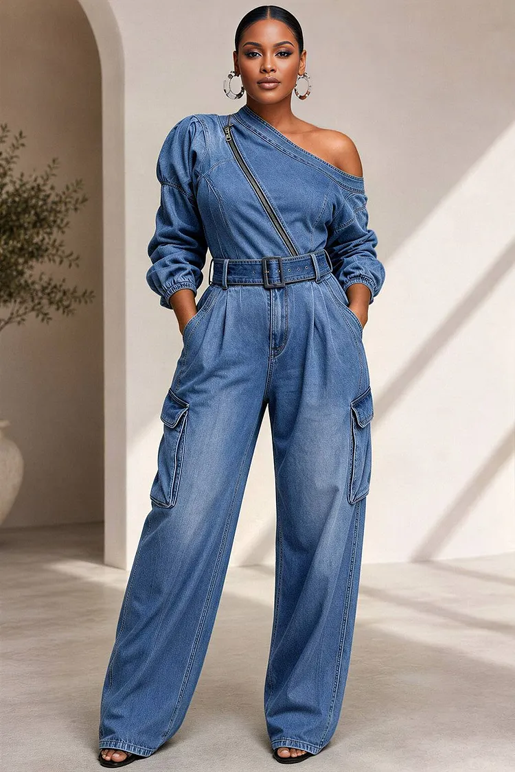 Xpluswear Design Plus Size Daily Blue Oblique Collar Long Sleeve Zipper Pocket Denim Jumpsuits [Pre-Order] 2024 - Xpluswear