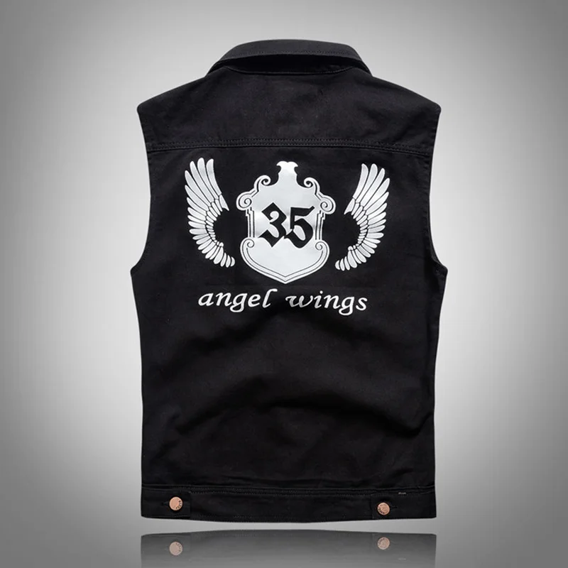 Casual Black Printed Ripped Denim Vest
