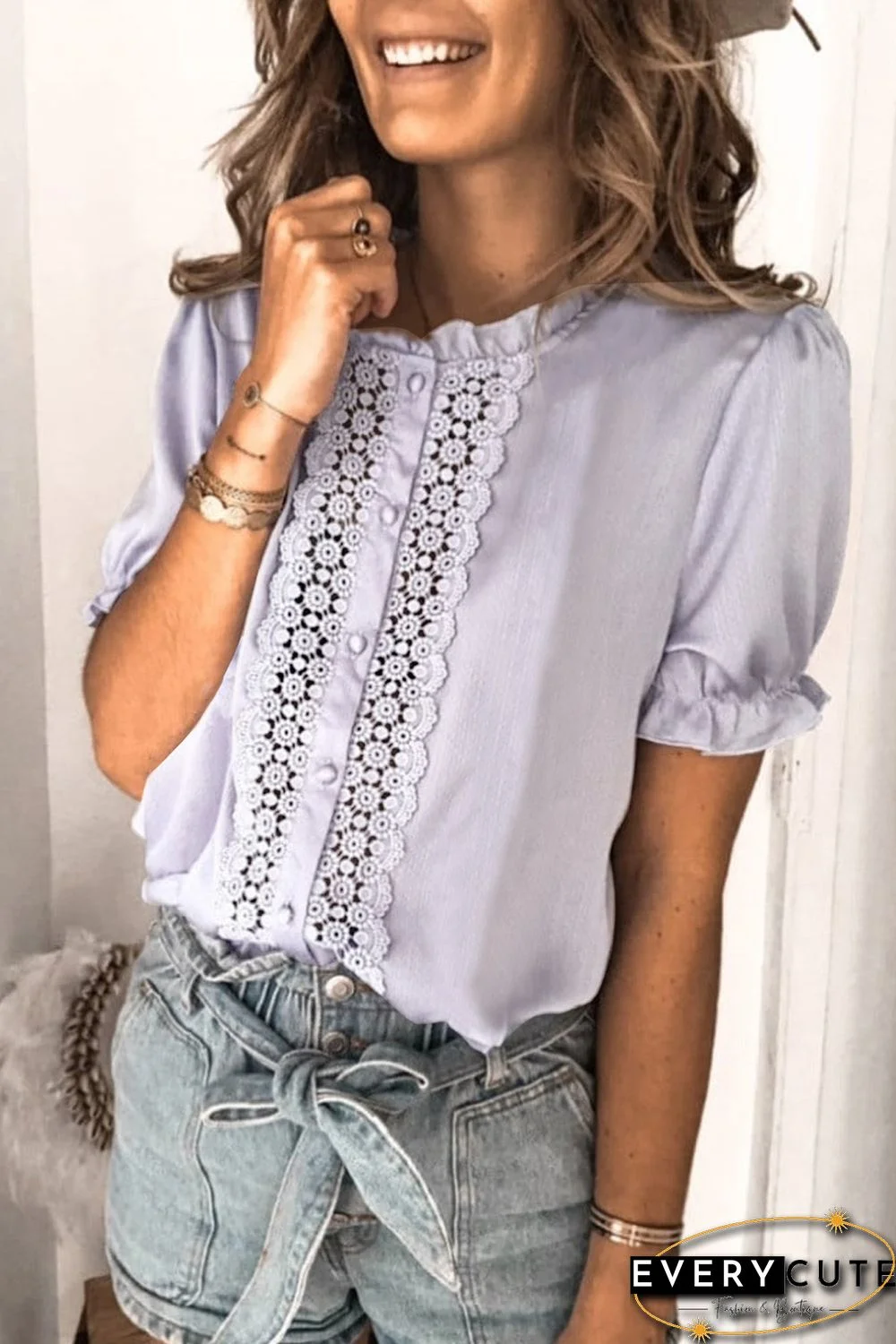 Violet Lace Crochet Frilled Short Sleeve Top