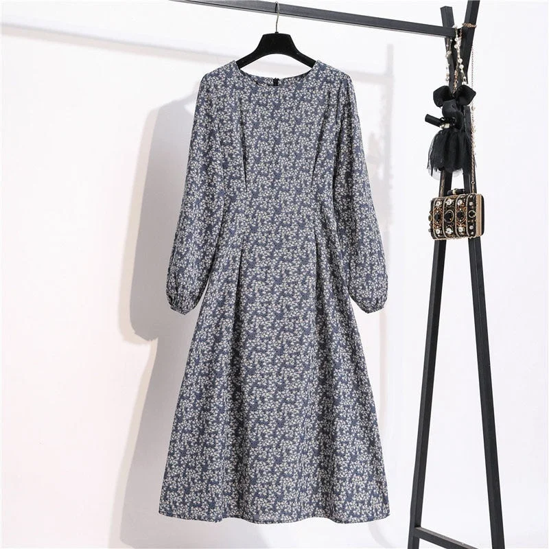Autumn Winter Women Dress 2022 Vintage Lantern Sleeve Floral Print Chiffon Long Dress Casual A-line Elegant Party Vestidos Robe
