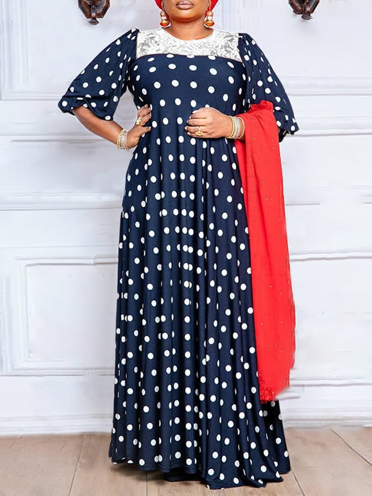Lace Patchwork Polka Dot Half Sleeves High Waist A Swing Women's Dress SKUJ03742 QueenFunky