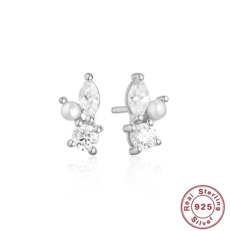 1 Pair 925 Sterling Silver Pearl Zircon Geometric Ear Studs