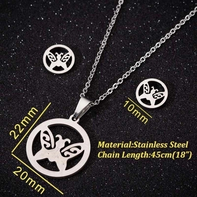 Fashion Heart Shape Butterfly Stainless Steel Plating Earrings Necklace 1 Set