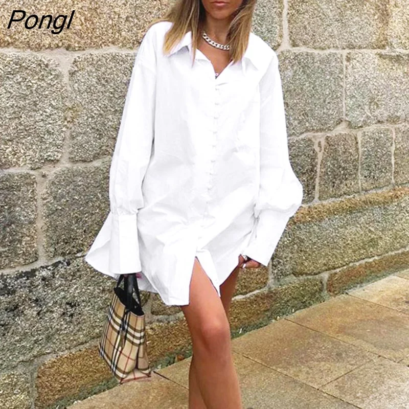 Pongl White Button Up Blouse Shirt Office Loose Long Sleeve Tunic Tops Turn Down Collar Casual Women Top Spring Cotton Mujer
