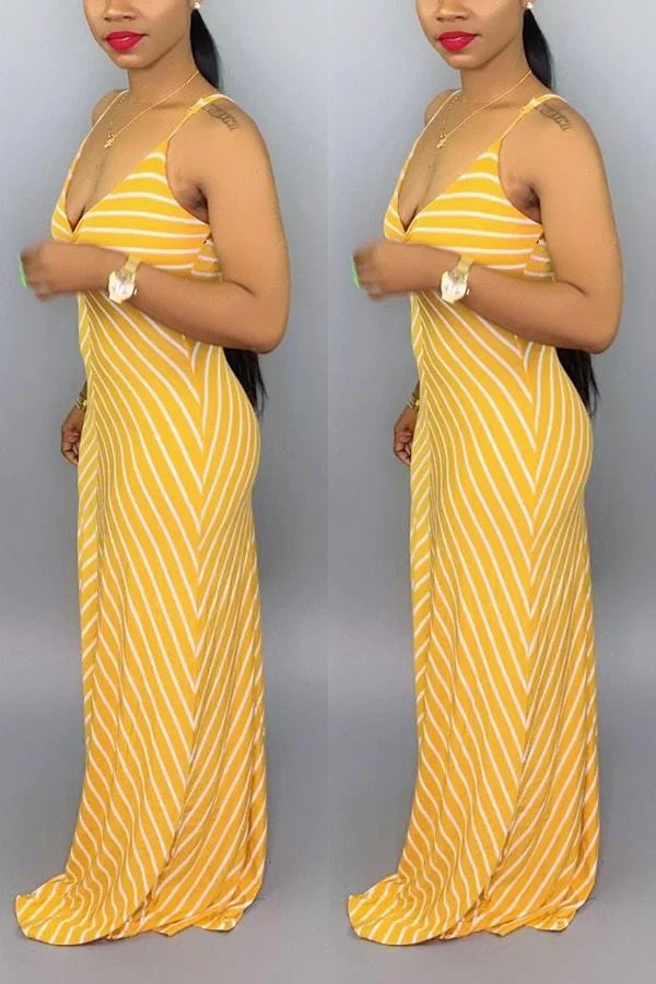 Sexy Sling Striped Printing Long Dress