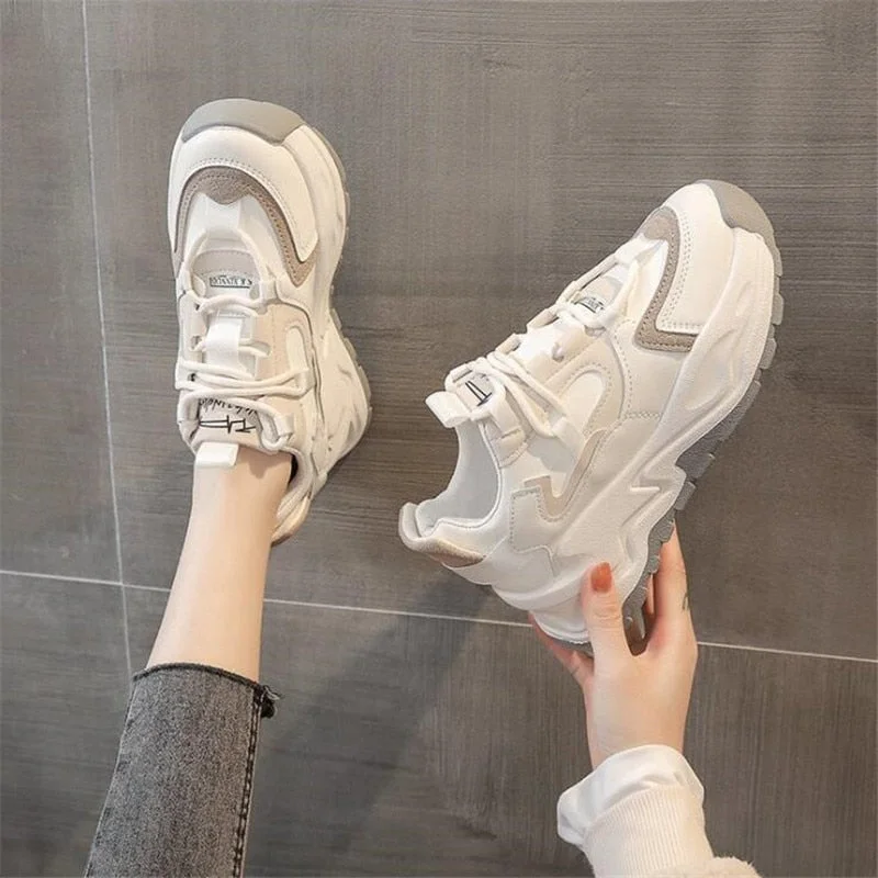 Women Platform Chunky Sneakers Comfortable Vulcanized Casual Sports Shoes Gray Brown Spring 2021