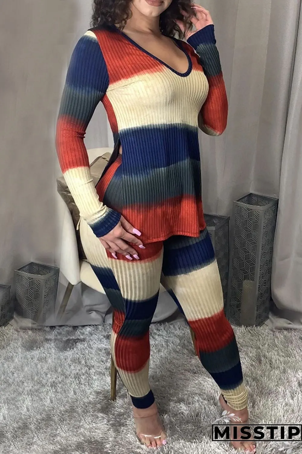 Multi-color Casual Milk Fiber Print V Neck Long Sleeve Regular Sleeve Regular Two Pieces