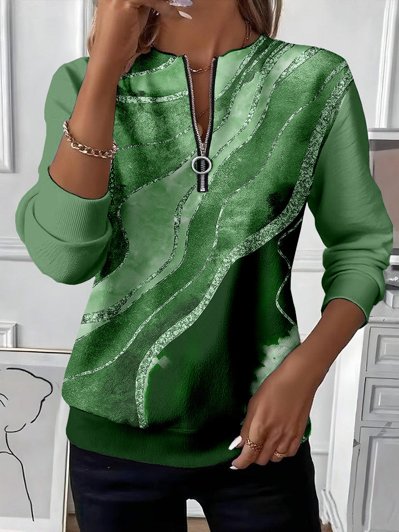 Women Long Sleeve Scoop Neck Striped Colorblock Printed Graphic Zipper Tops