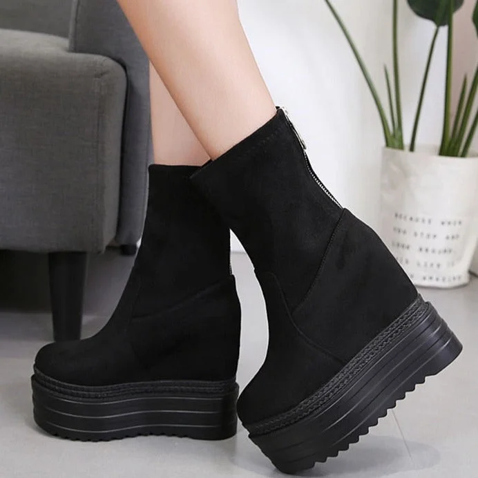Vstacam High Quality Womens Shoes Heels Wedge Suede Elasticated Platform Ankle Boots Casual Shoes With Zipper Black Spring
