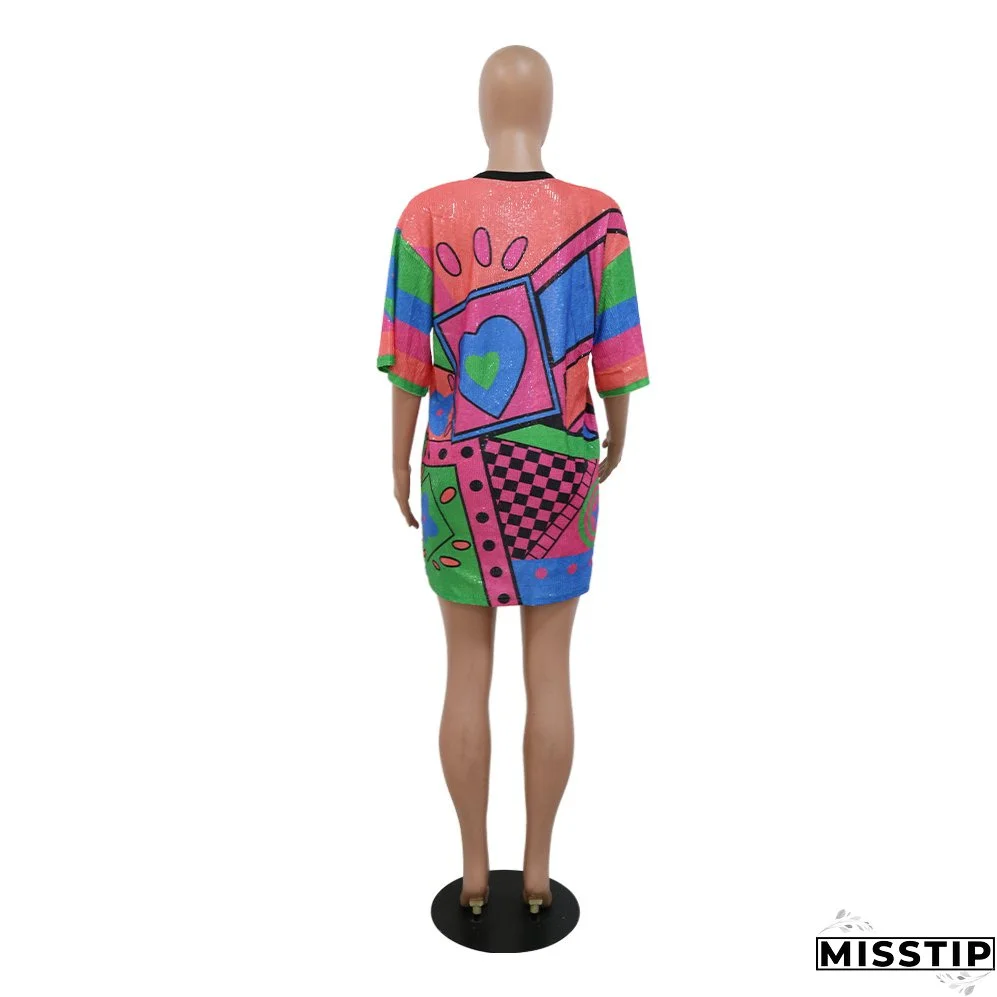 Trendy Round Neck Half Sleeve Loose Sequin Print Party Sequined Nightclub Style Women's Dress