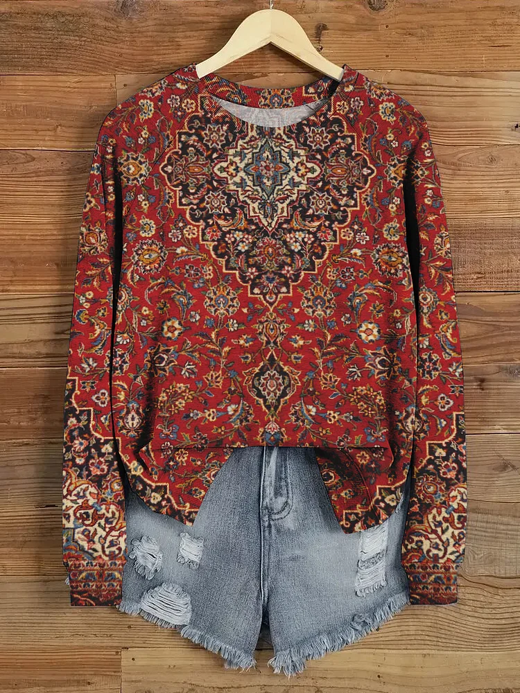 Women's Retro Ethnic Flower Patterns Art Print Casual Sweatshirt