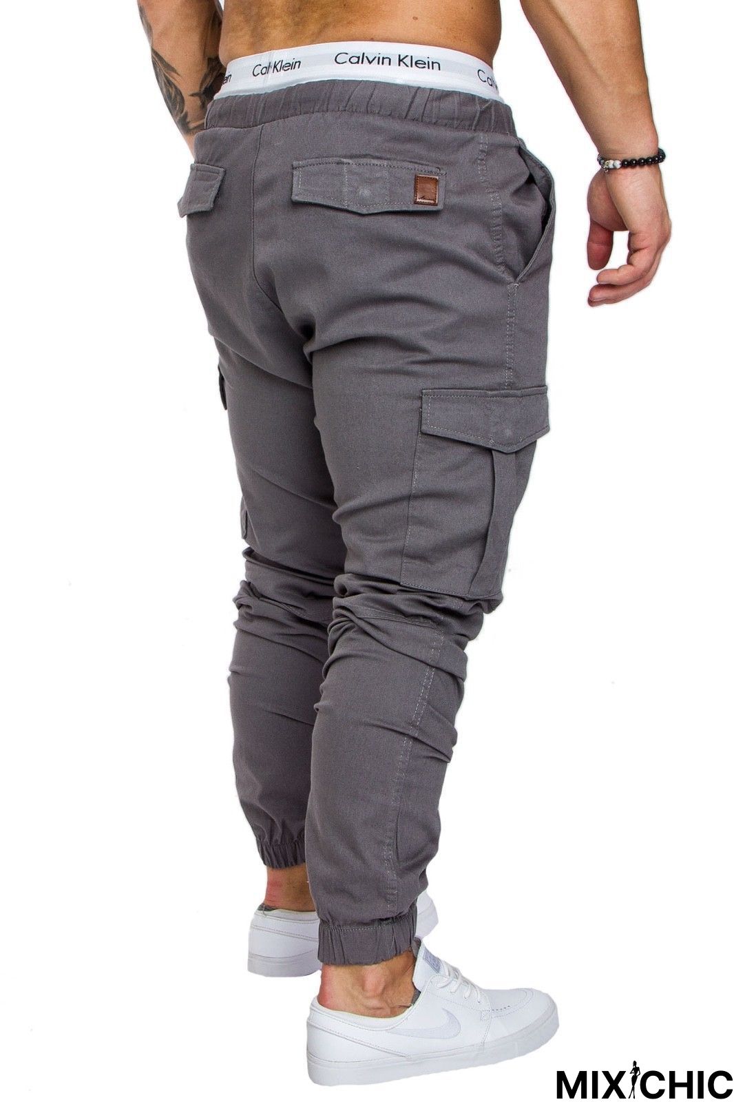 Men Casual Joggers Solid Color Pants Cotton Elastic Long Trousers