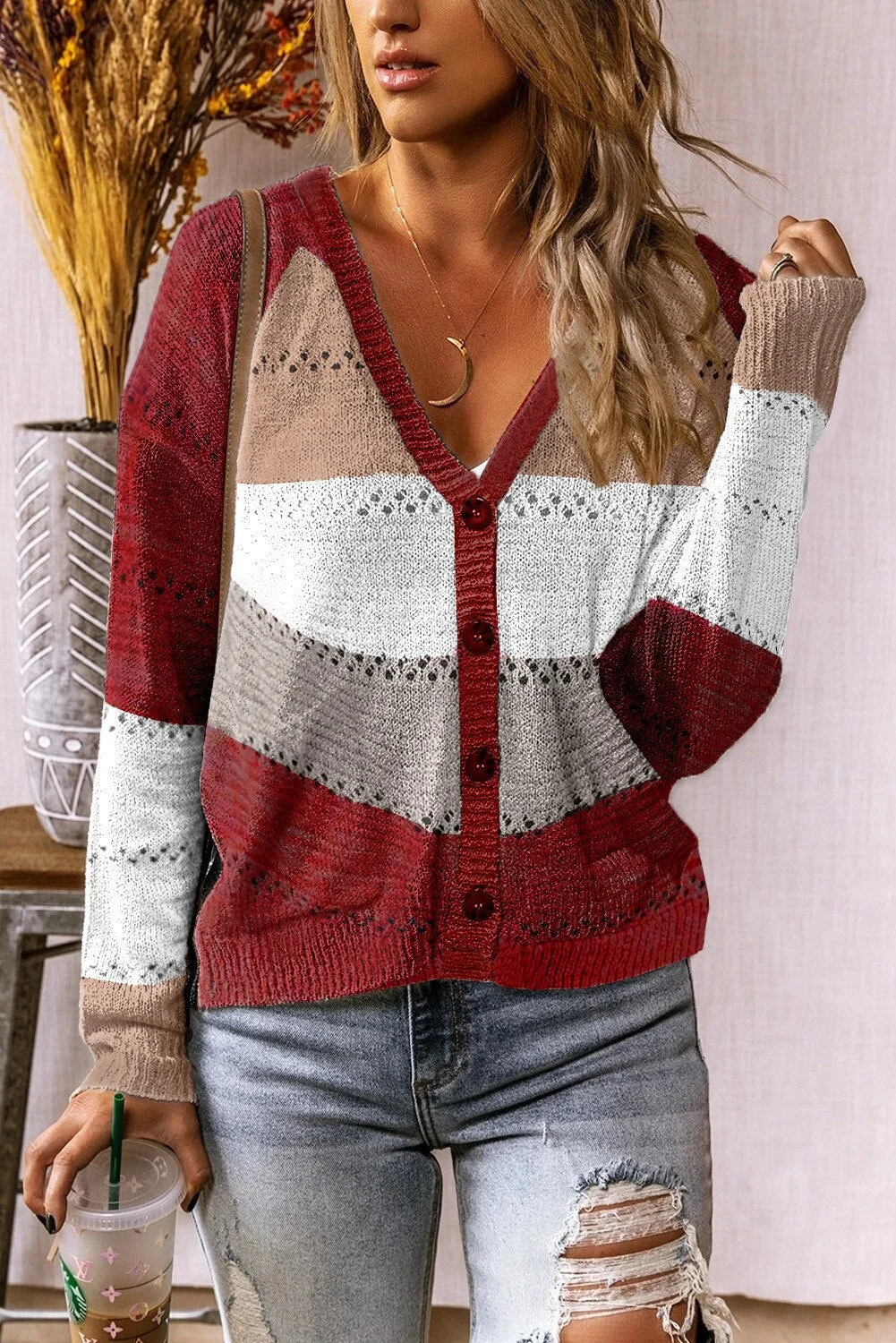 Pullovers Top Women Sweaters Sweater V-neck Long Sleeves Sleeve Stripes Tops New Autumn Winter 2021 Women's Buttons Woman Blouse