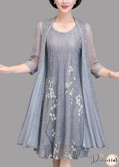 New Grey O Neck Print Tulle Two Piece Set Spring