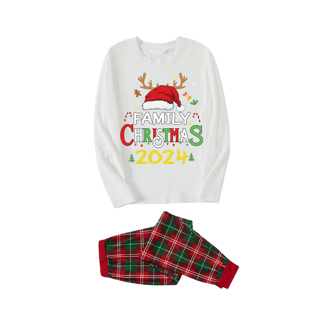 Red Santa Hat "2024 Family Christmas" Monogram Print Contrast White Long Sleeve with Vintage Red&Green Plaid Pants Family Matching Pajamas