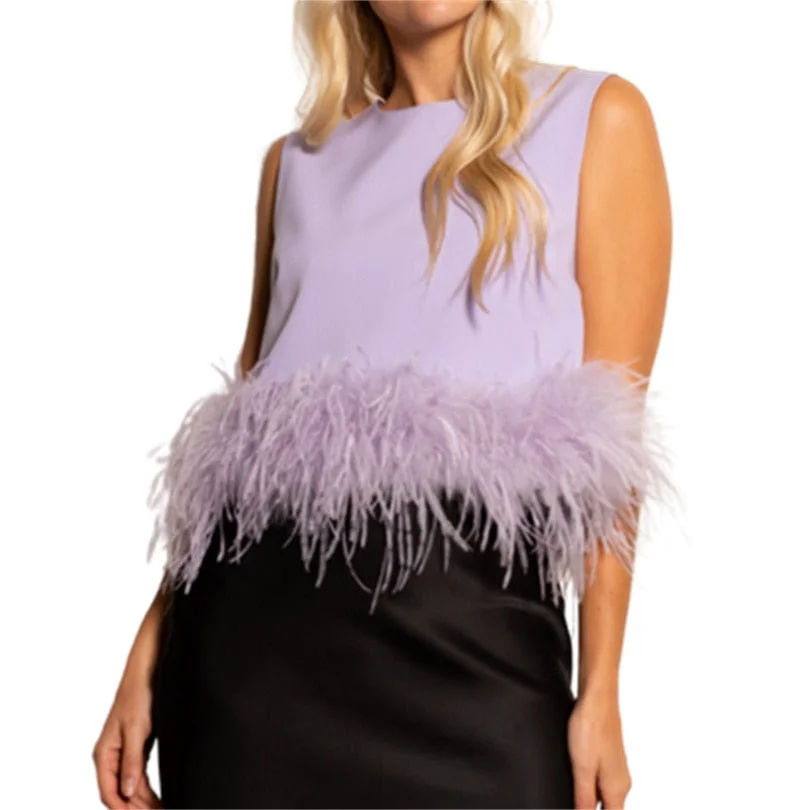 wsevypo Vintage Feather Hemline Women Tank Tops Elegant Summer Sleeveless Round Neck Crop Tops Solid Color Vest Purple/Rose Red