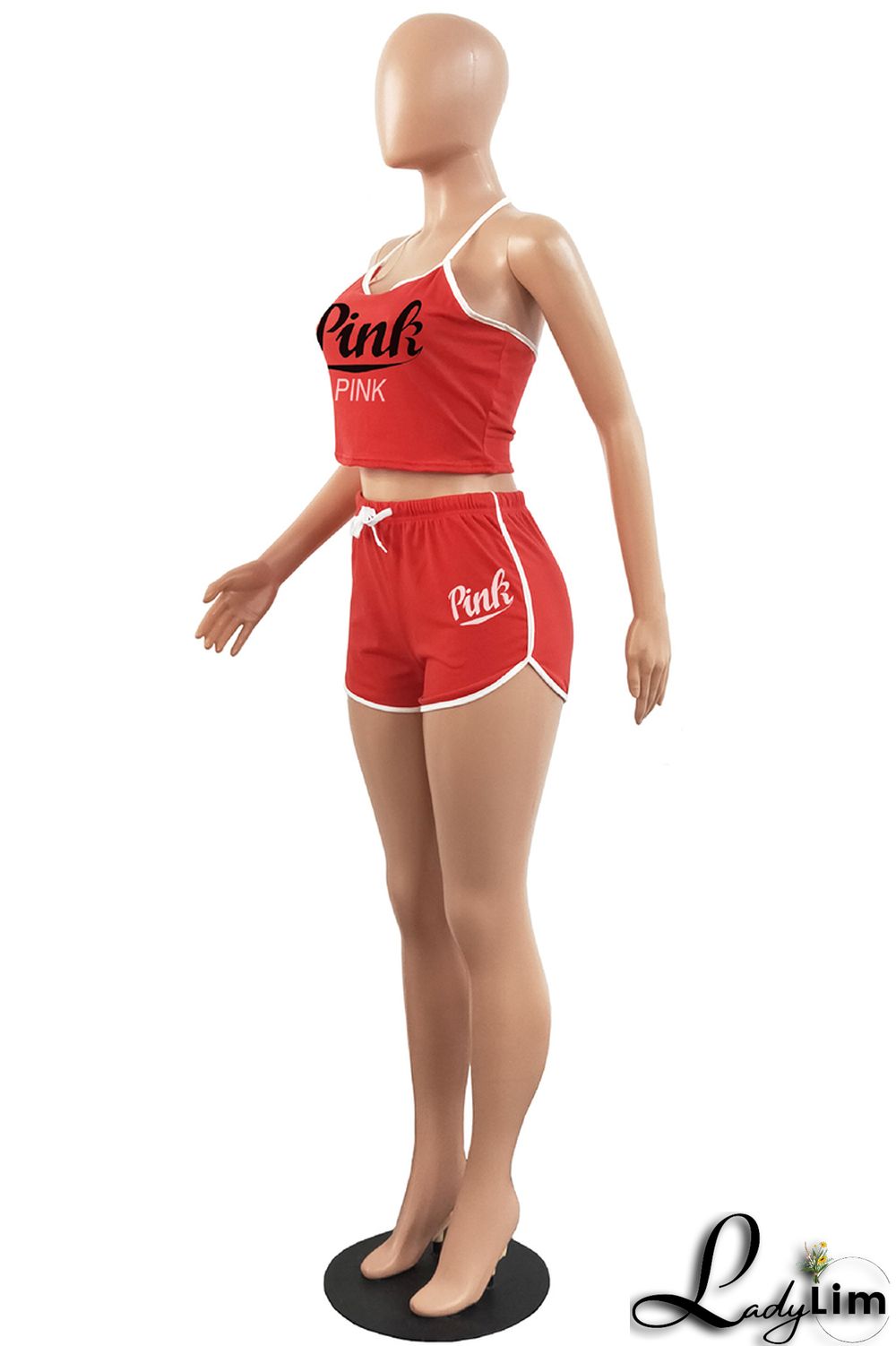 Burgundy Sexy Casual Letter Print Backless Halter Sleeveless Two Pieces