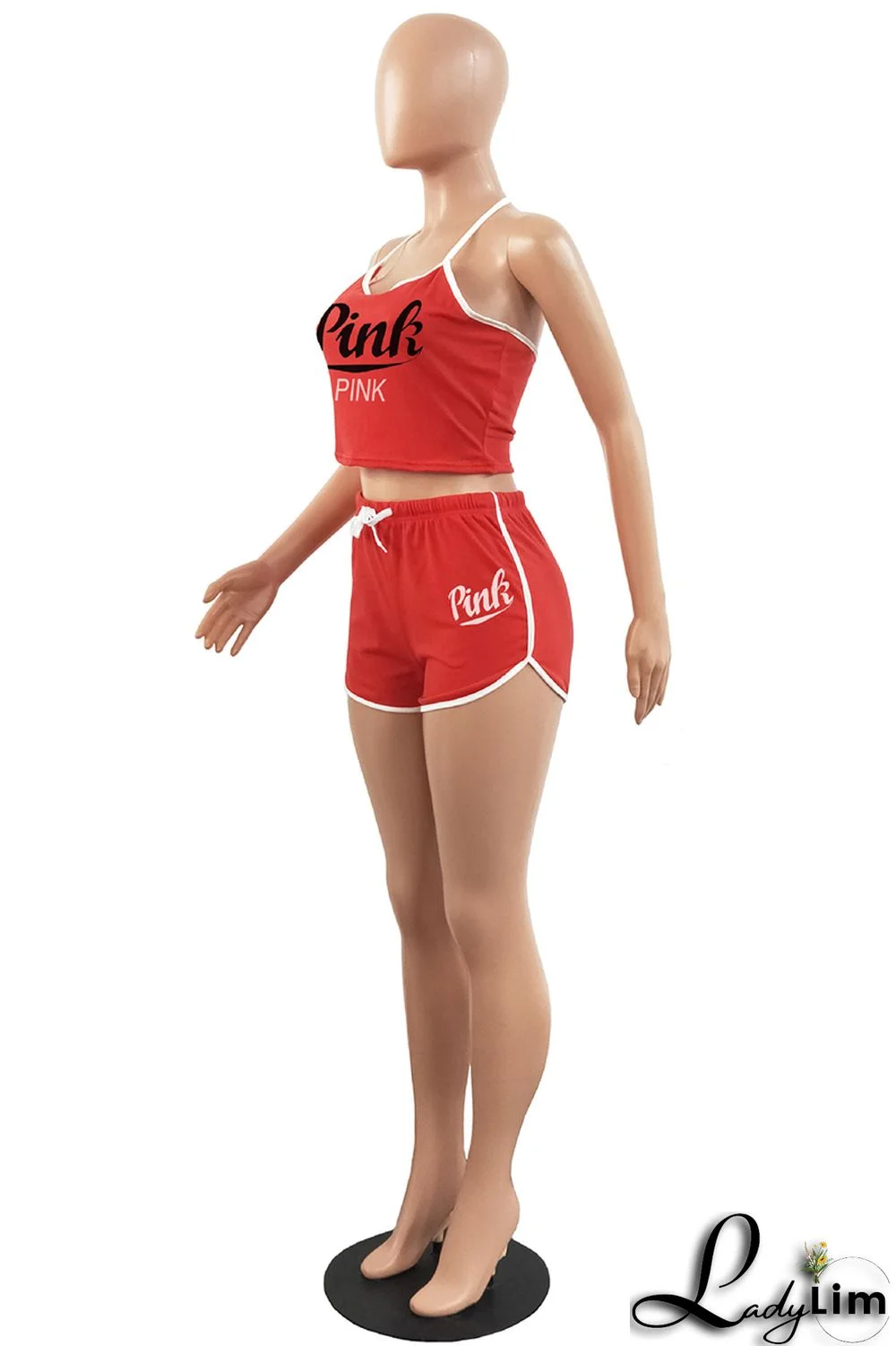 Burgundy Sexy Casual Letter Print Backless Halter Sleeveless Two Pieces