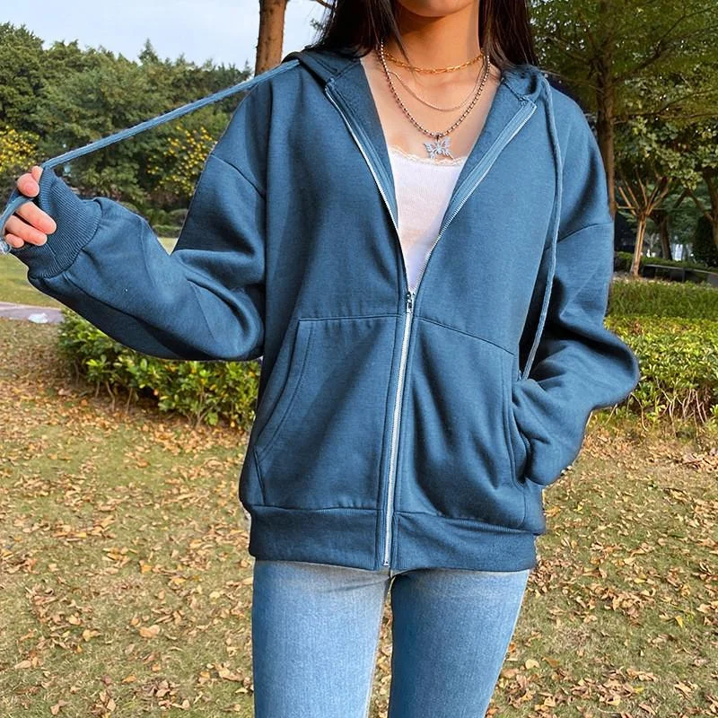 Harajuku Long Sleeve Zip Up Hoodies Women Spring Autumn Korean Fashion Female Clothes Jacket Top Oversized Hooded Sweatshirts