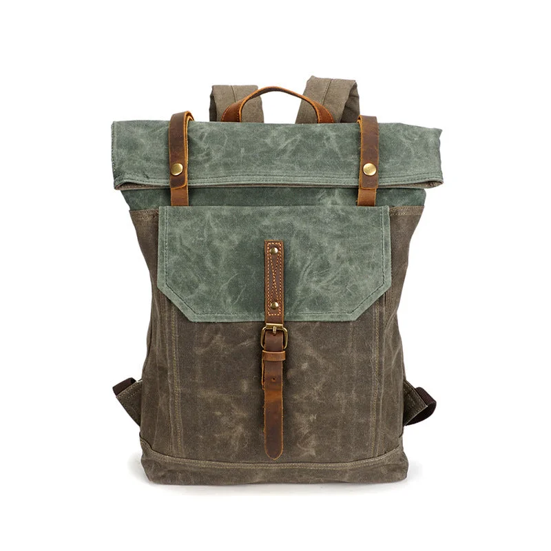 Men Oil Waxed Canvas Leather Backpack, Big Capacity Laptop Backpack, Vintage Waterproof Shoulder Travel Bag