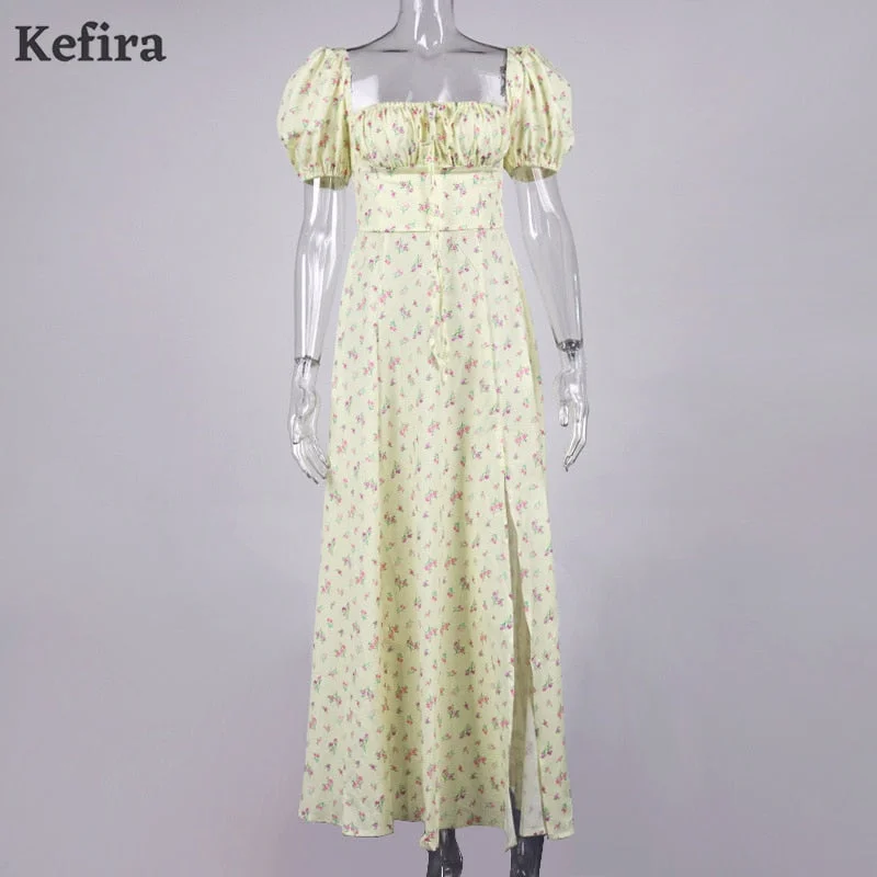 Kefira Sexy Floral Print Dress Women Short Puff Sleeve Ruched Drawstring Sundress Elegant High Split Vintage Casual Maxi Dresses