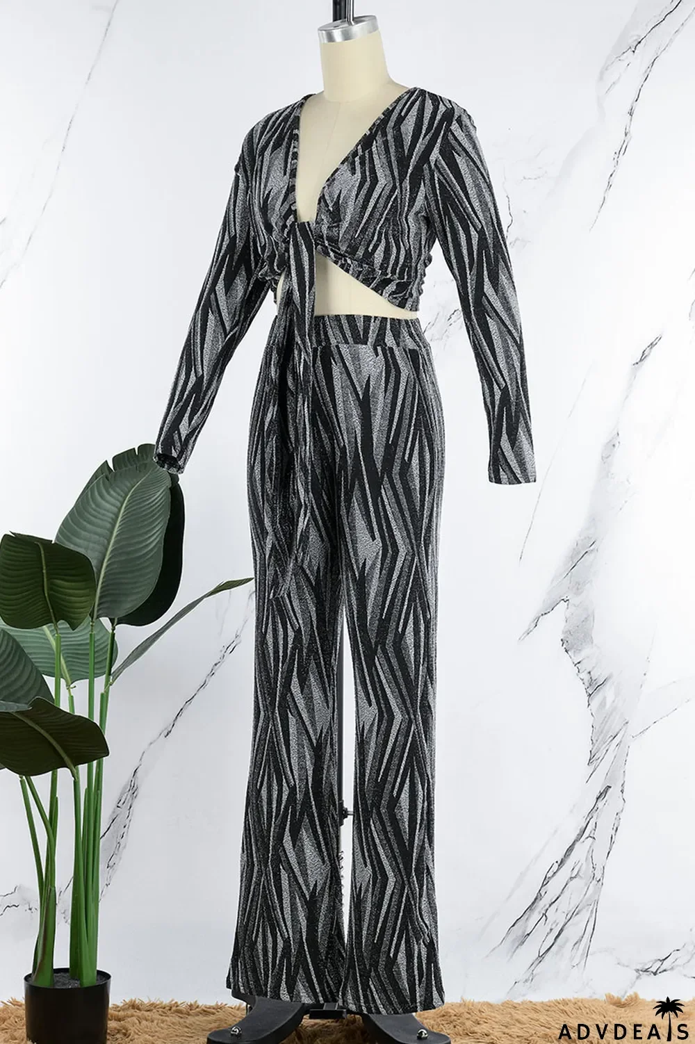 Black Sexy Print Bandage Patchwork V Neck Long Sleeve Two Pieces