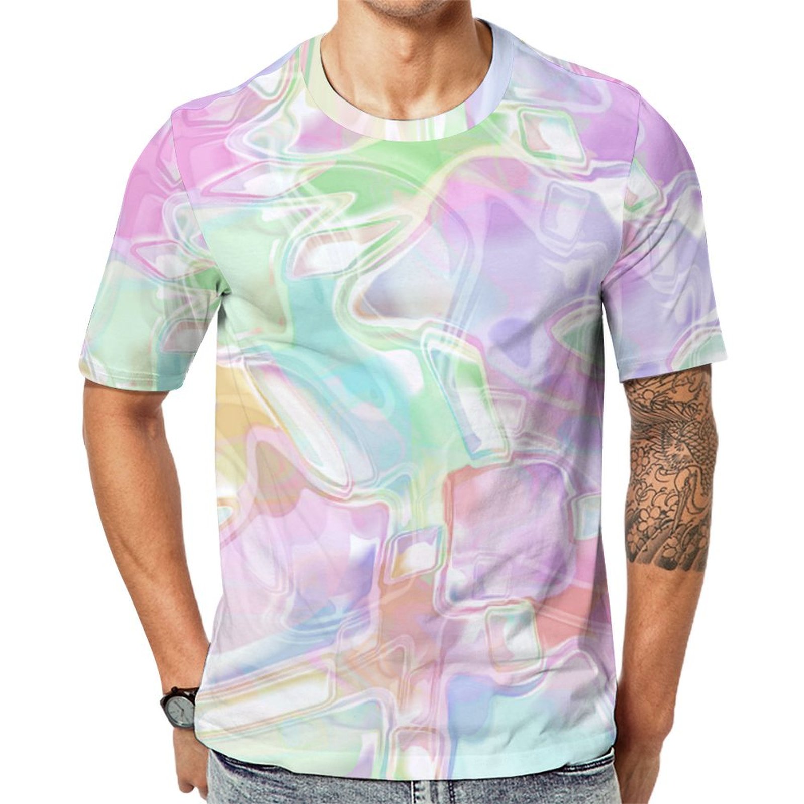 Hip Pastel Pink Violet Blue Green Turquoise Swirls Short Sleeve Print Unisex Tshirt Summer Casual Tees for Men and Women Coolcoshirts