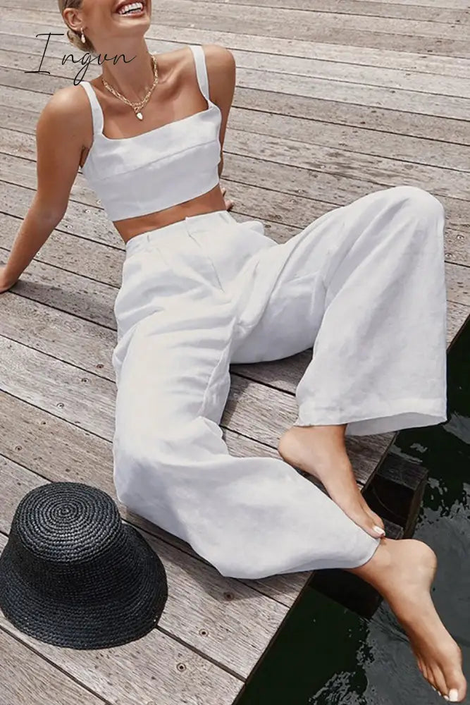 Ingvn - Casual Simplicity Solid Patchwork Square Collar Sleeveless Two Pieces White / S