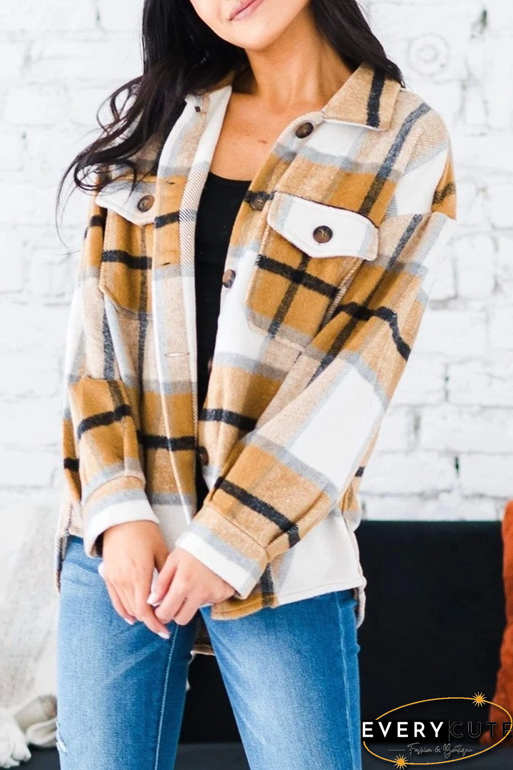 Lapel Long Sleeve Tartan Coat