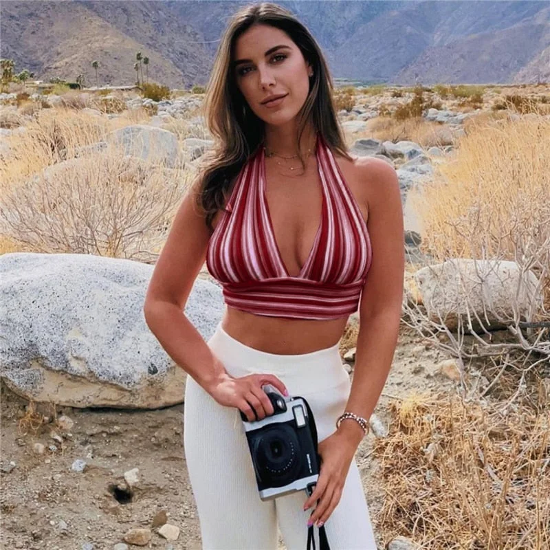 Tossy Knitted V Neck Bandage Halter Tops For Women Backless Sexy Tanks Tops Y2K Cropped Summer Fashion Camisole Party Clubwear