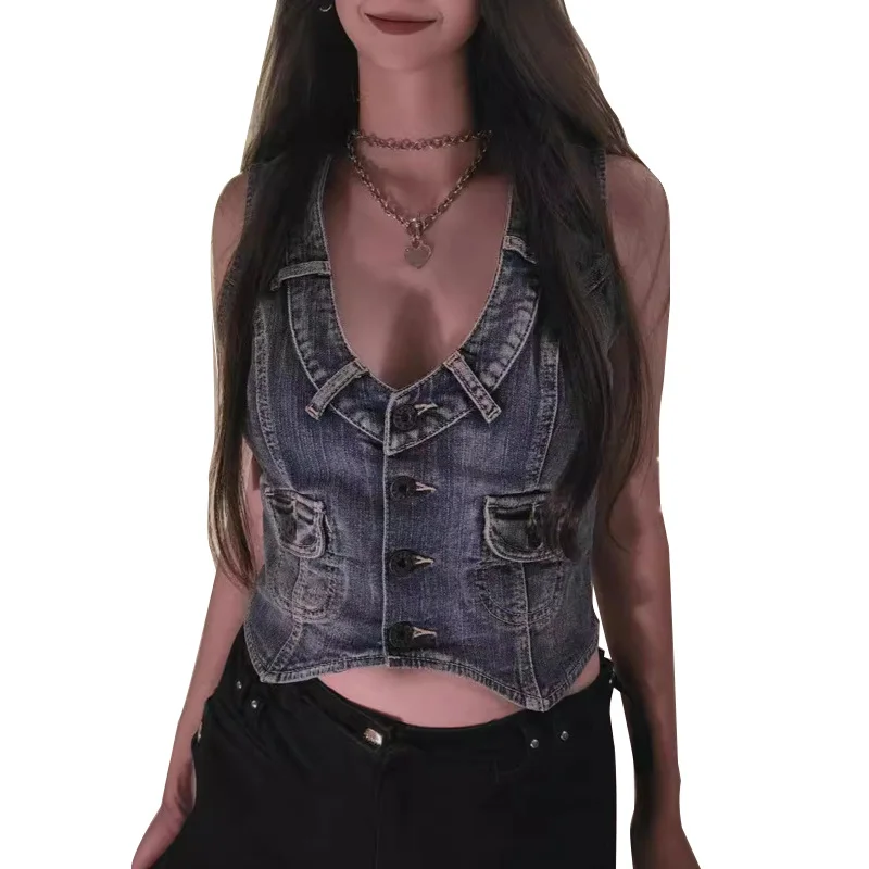 Toloer Reintage Joker Wash Make Old Sleeveless Stretch Ancient Style Denim Vest-Outfit Ideas