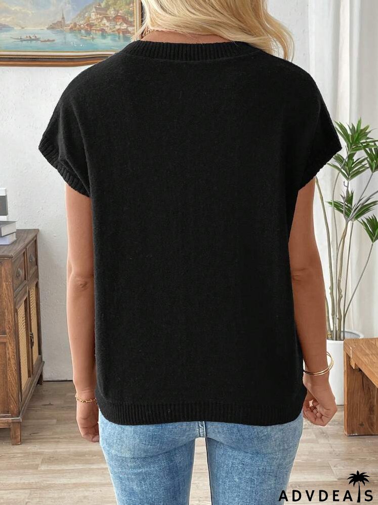 Dopamine Flower Crochet Wide Shoulder Short Sleeve Knit Pullover Sweater, Suitable For Spring, Summer, And Early Autumn