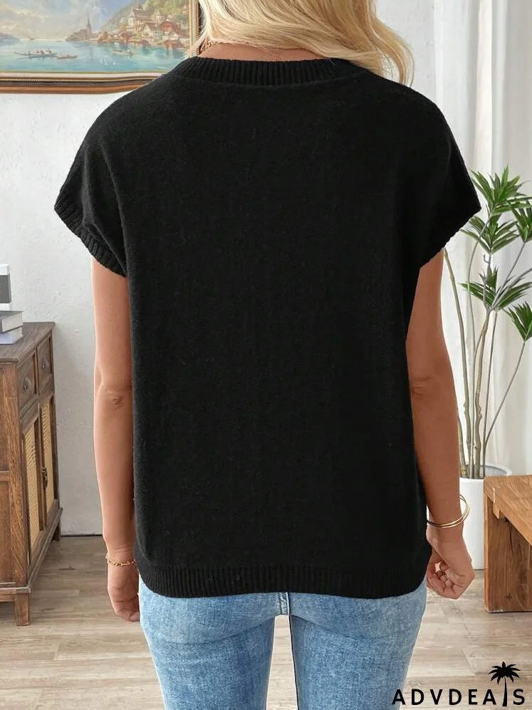 Dopamine Flower Crochet Wide Shoulder Short Sleeve Knit Pullover Sweater, Suitable For Spring, Summer, And Early Autumn