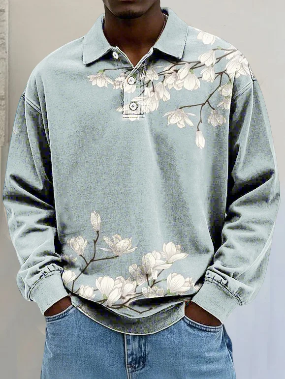 Men's Vintage Floral Art Print Lapel Long Sleeve Polo Shirt