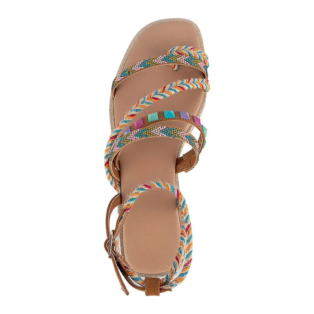Multicolor Studded Square&nbsp;Toe Braided Strappy Flat Sandals for Women