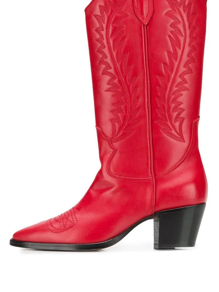 Red Knee High Cowgirl Block Heel Boots Vdcoo