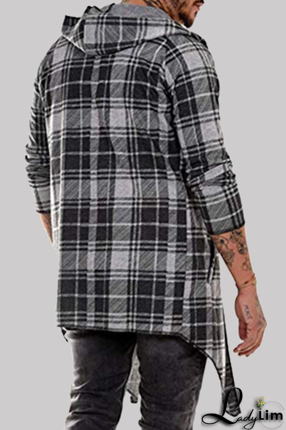 Dark Gray Fashion Casual Plaid Split Joint Hooded Collar Outerwear