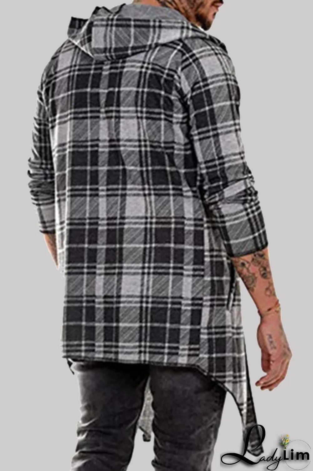Dark Gray Fashion Casual Plaid Split Joint Hooded Collar Outerwear