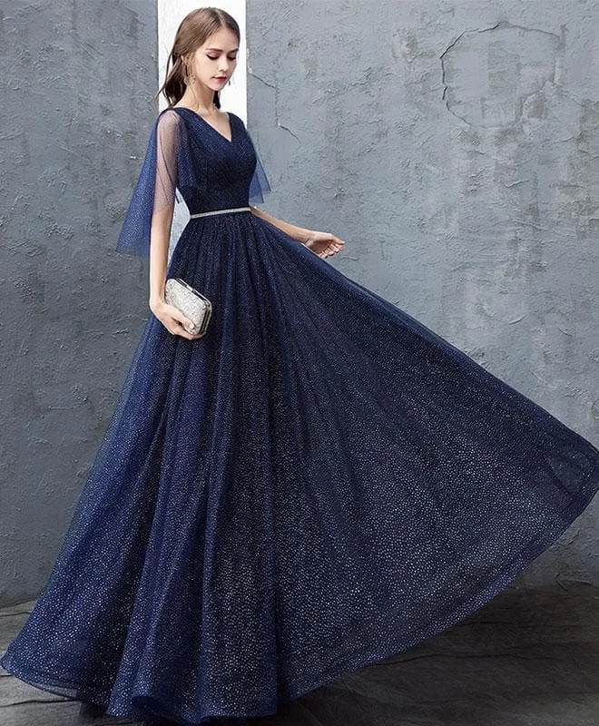 Dark Blue Sequin Tulle Long Prom Dress, Dark Blue Evening Dress