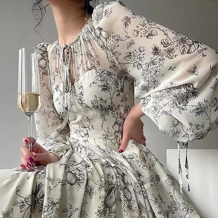 Beige Floral Print Long Sleeve Midi Dress QueenFunky