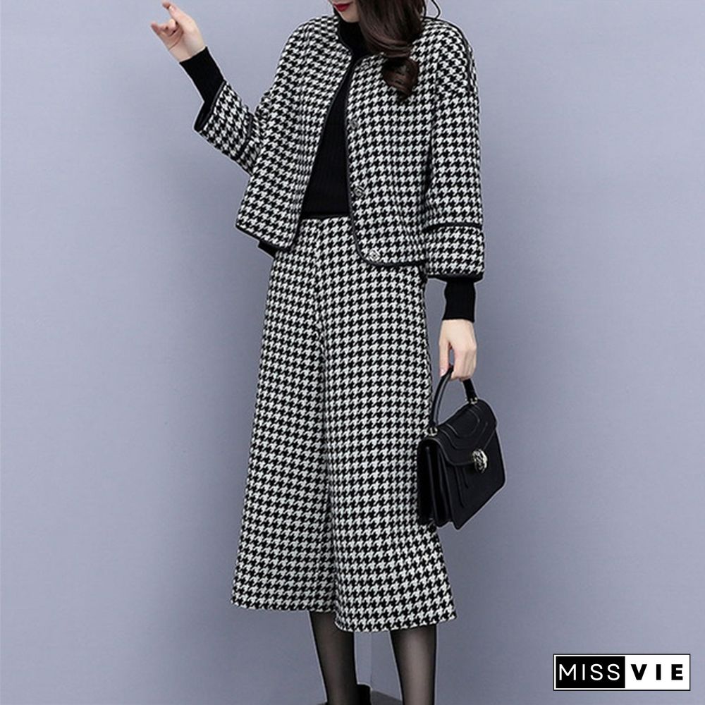 Autumn Winter Two Piece Sets Outfits Women Woolen Coat And Cropped Wide Leg Pants Suits Office Elegant Sets