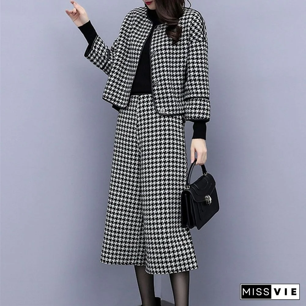 Autumn Winter Two Piece Sets Outfits Women Woolen Coat And Cropped Wide Leg Pants Suits Office Elegant Sets