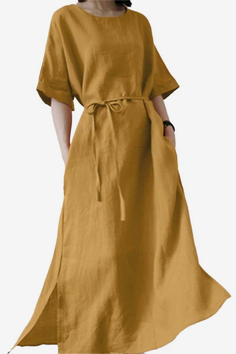 Round Neck Half Sleeve Tie Pocket Slit Linen Long Dress