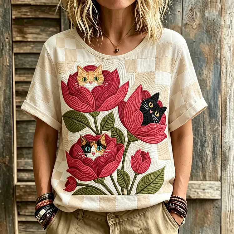Women's Cute Cat In Patchwork Art Embroidered Linen Blend Round Neck Tshirt
