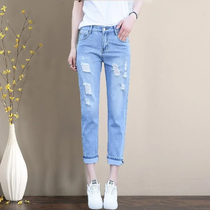 Wongn Loose Korean High-waisted Female Student Jeans New Spring and Autumn All-match Slim Slim Beggar Harlan Cropped Pants