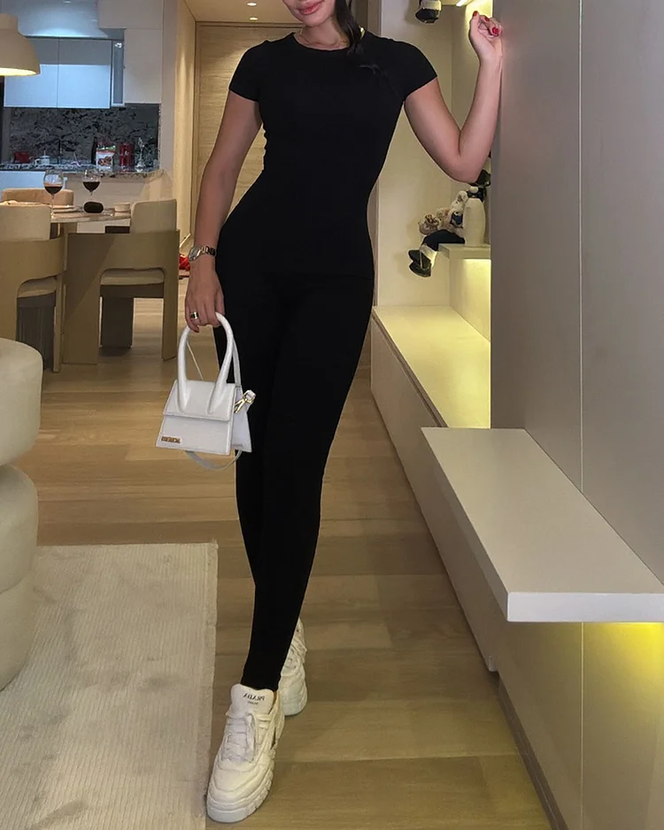 Women's solid color short-sleeved jumpsuit